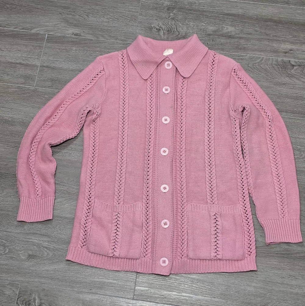 Vintage 70's-80's St Micheal Cardigan Womans Sz 12 Pink Button Cable Stitch